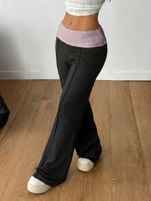 Coolane 女士休闲宽松直筒运动裤，撞色设计 - 黑色 - 查看 5