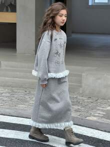 DAZY 女童圆领抓绒印花长袖卫衣+荷叶边半裙两件套，秋季 - 灰色 - 查看 4