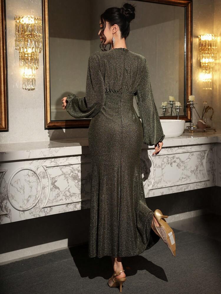 Women's V-Neck Lantern Sleeve Cinched Waist Split Hem Long Dress Maxi Dress Sundress