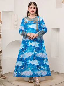 SHEIN 少女休闲圆领长袖连衣裙 - 藍色 - 查看 10