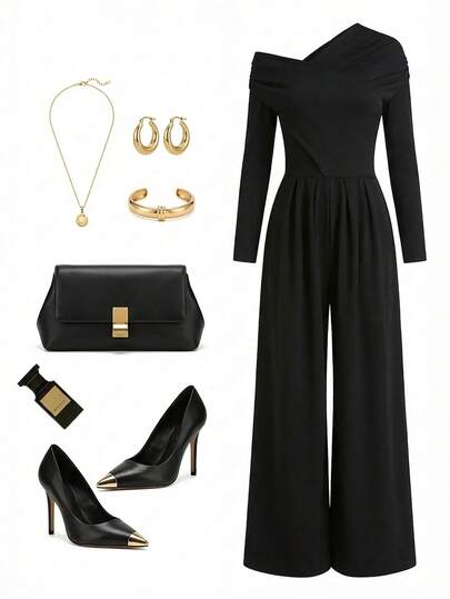 Firerie Mono de pierna ancha con cintura ceñida y hombros asimétricos en unicolor para mujer, pantalón de pierna ancha elegante y sexy para oficina, primavera, otoño e invierno, para ir al trabajo, elegante, sexy, festival de música, romántico, cita, fiesta, boda, baile de graduación, actuación, concierto, atuendo de trabajo