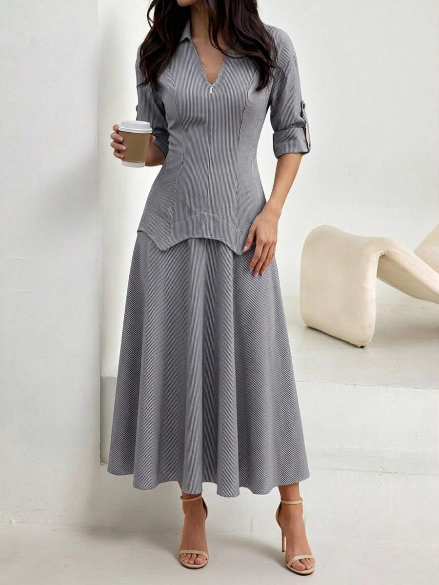 Heiryn Women's Fashionable Commuter Striped Midi Dress - Dark Grey - View 1