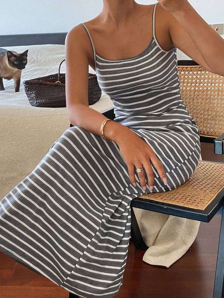 Contrast Striped Fitted Long Camisole Dress, Casual Resort Wear For Women, Spring/Autumn Sundress