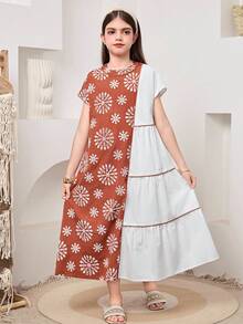 SHEIN 少女圆领短袖连衣裙 - 棕色 - 查看 5