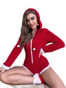 拉链抽绳连帽法兰绒舒适冬季家居连体衣，蓬松柔软 - 紅色 - 查看 3