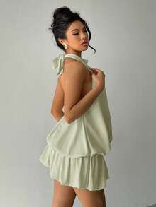 Aloruh Women's Simple Solid Color Halter Backless Bubble Hem Mini Dress, Summer - Green - View 6