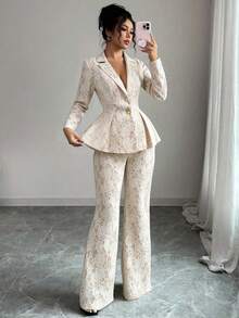 SHEIN Elenzya Women's Vintage Royal Suit Jacket And Pants 2-Piece Set, Lace & Pearl Button, Long Sleeve, Suitable For Dates, Halloween, Back To School, Y2K, Grunge, Spring/Summer Retro, Professional Wear, Teacher Outfit, Holiday, Valentine's Day Lace Set - Apricot - View 5