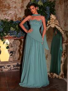 Glamrae 优雅朦胧蓝奢华手工串珠无肩带雪纺A字连衣裙（可拆卸亮片吊带），适合所有正式场合，晚礼服 - 霧霾藍 - 查看 7