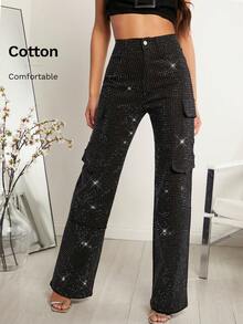 Denimoi Abbigliamento invernale e autunnale da donna, jeans cargo casual a vita media neri con strass, gamba dritta, con tasche multiple. Adatti per uso quotidiano, uscite, concerti, festival, feste, abbigliamento da club, abiti natalizi da donna - nero - Visualizzare 2