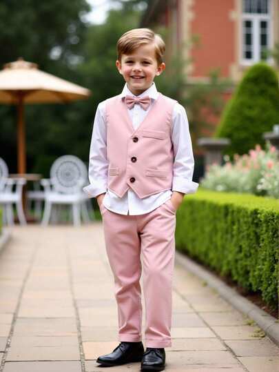 Conjunto de traje de caballero de 3 piezas para niños pequeños, incluye corbata de moño, camisa blanca con cuello, chaleco burdeos y pantalones de tirantes a rayas ajustables. Conjunto de moda adecuado para ocasiones formales, fiestas, bodas, Halloween, Navidad, Acción de Gracias y uso casual