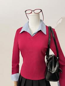 Muvela Women's Striped Shirt Collar Red Knit Patchwork 2 In 1 Long Sleeve Top, Retro College Style, Back To School Season, Old Money Vibe, Casual Daily Wear, Christmas, Autumn Red Top, Office, Commute - Red - View 6