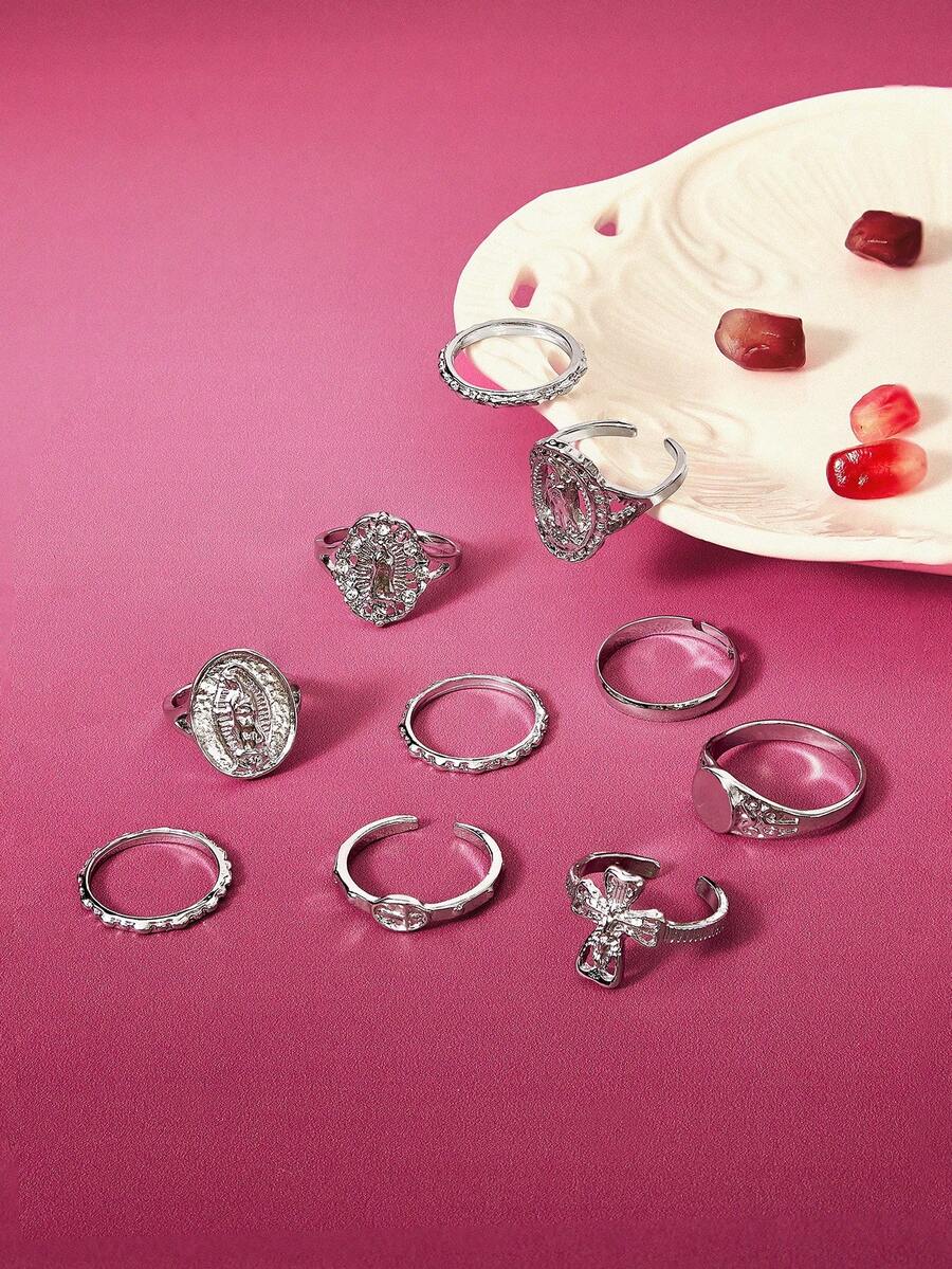Glisma 10pcs/Set Fashionable Punk Ins Style Cross & Virgin Mary Rhinestone Knuckle Rings, Versatile For Daily, Party, Street Wear - Silver - View 1