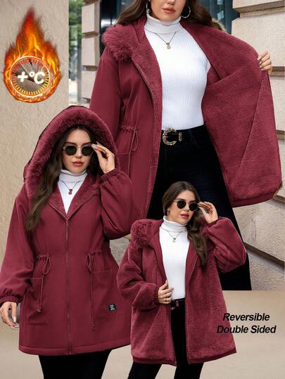 SHEIN Clasi Jaqueta Parka Forrada de Pele de Coelho Plus Size