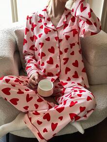 Dream Adore Red Heart Print Bubble Crinkle Women Long Sleeve Pajama Set Heart Pajama Set Pajamas Set For Woman Valentine's Day Pajamas Set - Red - View 5