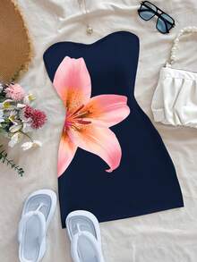 INAWLY 女士碎花无肩带连衣裙，时尚假日风 - 寶藍色 - 查看 4