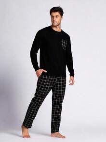 Pijama térmico de hombre largo a rayas|Conjunto de dos piezas grueso y cómodo para casa - Negro - Ver 2