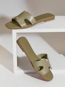 SHUZIA #QuietLuxury Women's Open Toe Harness Cut Out Soft Cushions Premium-Feel Faux Leather Refined Taupe Olive Slide Sandal- Stylish, Comfortable & Easy To Pair Valentine's Day - Olive Green - View 7