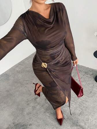 Firerie Casual Minimalist Scoop Neck Long Sleeve Printed Dress Brown Elegant Dress Women Coffee Brown Dress Long Sleeve Elegant Dress Brown Sexy Dress Elegant Dress For Women