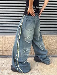 ROMWE MEN Men's Loose Fit Star Embroidered Denim Jeans - Dark Wash - View 3