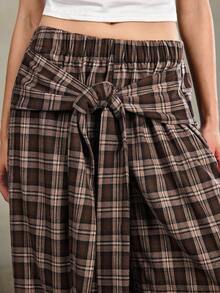 ROMWE EDITION Y2K Vintage Distressed Plaid Wide Leg Maxi Pants For Women - Brown - View 5