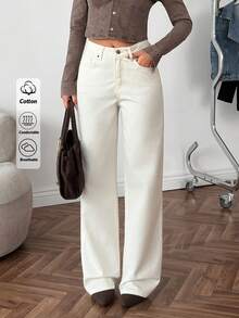 EURMUSE 100% Coton Jean droit taille haute décontracté blanc - Blanc - Voir 4