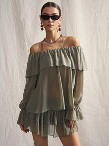 SHEIN ICON Vintage Sexy Off-Shoulder Chiffon Long Sleeve Top And Layered Cake Skirt 2-Piece Set For Women Golf Pastal Autumn - Dark Green - View 4