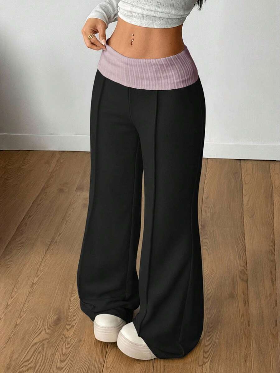 Coolane 女士休闲宽松直筒运动裤，撞色设计 - 黑色 - 查看 1