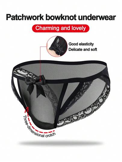 Ropa interior sexy para hombres con corbata de moño negra elegante y respirable, malla negra hueca y encaje negro seductor en la cintura
