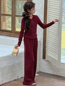DAZY Tween Girls V-Neck Knit Long Sleeve Top And Pants Pajama Set, Fall - Burgundy - View 5