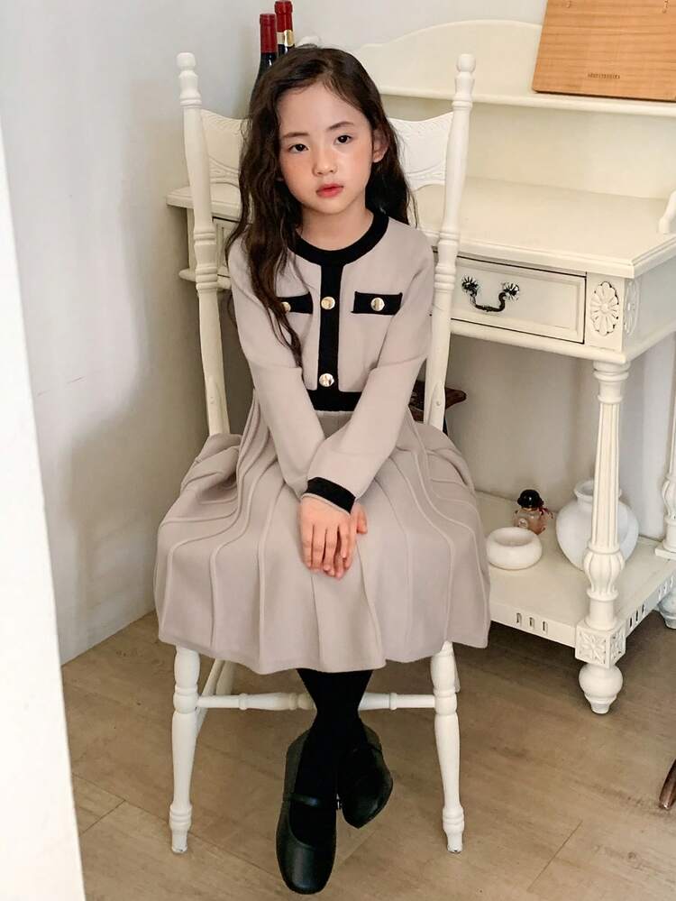 Young Girls Elegant Color Block Round Neck Sweater Dress