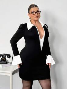 Truni Plus Size Minimalist Color Block Flare Sleeve Bodycon Dress, Suitable For Commuting/Autumn /Winter - Black and White - View 5