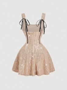 SHEIN MOD Sequin Contrast Mesh Black Party Dress - Dusty Pink - View 2