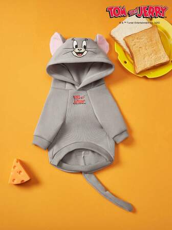 TOM & JERRY X PETSIN 1pc Big Ear Mouse Print Pet Hoodie Gray Thick Warm Autumn And Winter Pet Clothes