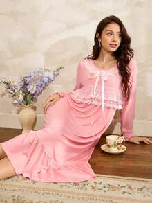 Elegant Romantic Embroidered Mesh Lace Bow Tie Decor Flare Sleeve Ruffle Hem Women Nightgown, Suitable For Valentine's Day - Coral Pink - View 5