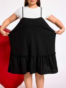 SHEIN CURVE+ CURVE PLUS /Valentine's Day/Plus Size Women's Ruffle Hem Camisole Dress, Casual Pinafore Dress - Black - View 3