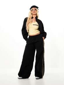 SUMWON WOMEN Chaqueta cortavientos oversize con puños elásticos y detalles de ribete dorado en contraste, perfecta para capas en primavera y otoño - Negro - Ver 5