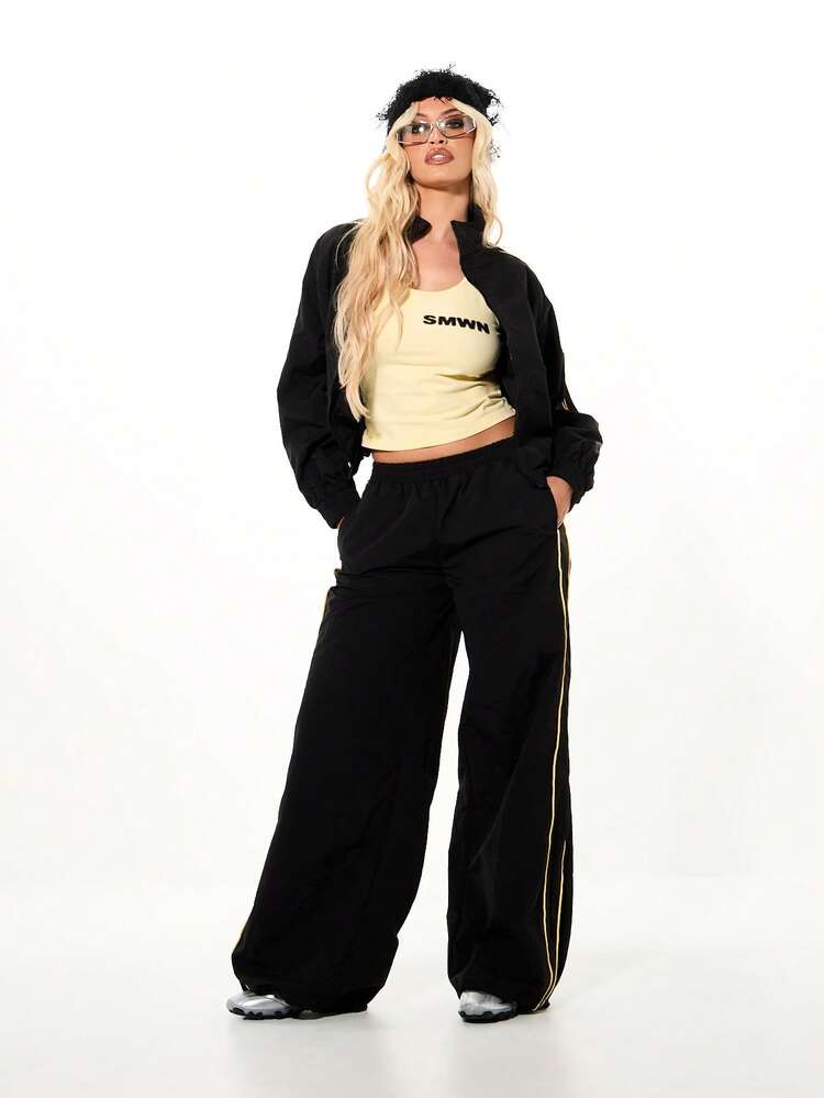 SUMWON WOMEN Oversized Windbreaker Jacket With Elastic Cuffs And Gold Contrast Piping Details Perfect For Spring Fall Layering