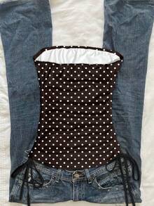 Comfortcana Women's Casual Drawstring Tie-Front Cropped Tube Top - Brown - View 6