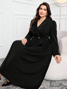 Modelyn Gaun Maxi Minimalis Elegan Ukuran Besar Warna Polos Lengan Panjang Model Silang dengan Pinggang Terikat - Hitam - View 6