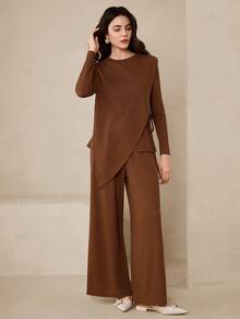 Graceveil Loose Casual Solid Color Knit Design Long Sleeve Top And Comfortable Long Pants Women's Arabic Style Set - Coffee Brown - View 6