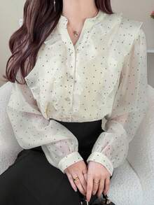 FRIFUL 女士优雅通勤波点印花荷叶边下摆衬衫