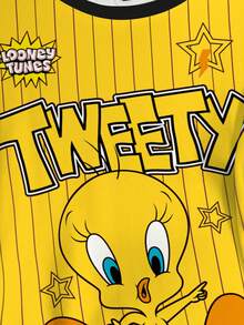 LOONEY TUNES X SHEIN 大码夏季休闲条纹卡通图案圆领短袖T恤 - 白色 - 查看 4