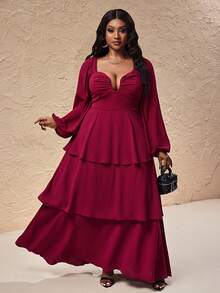 Truni Plus Size Women's Layered Long Sleeve Maxi Dress/Autumn /Winter - Burgundy - View 5