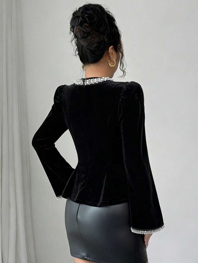 Women's Crew Neck Embellished Velvet-Feel Long Sleeve Blouse, Elegant French Style, Autumn/Winter