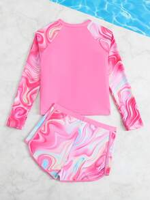 女童彩色大理石纹长袖泳衣套装，防护性强，休闲修身款