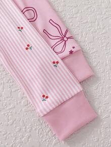 4pcs Young Girls Bow & Cherry Print Long Sleeve Top And Leggings Pajama Set - Pink - View 6