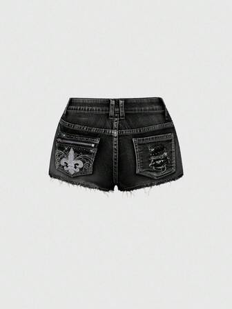 J-Fashion Short en jean vintage Y2K style punk taille très basse, avec fermeture éclair, rivets, poches et broderie pour femmes
