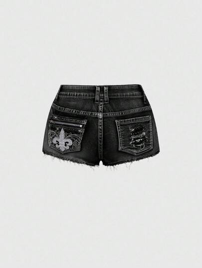 ROMWE J-Fashion Vintage Y2K Punk Style Super Låg Midja Superkorta Dragkedja Nitficka Broderade Damjeanshorts