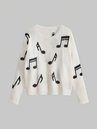 Damen Pullover mit durchgehendem Strickmuster aus Musiknoten