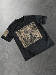 ROMWE MEN 男士天使图案黑色圆领短袖T恤 - 黑色 - 查看 5